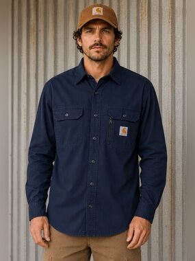 Carhartt Ripstop Long Sleeve Work Shirt Men’s Medium Navy Button Front